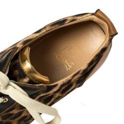 Pre Owned Christian Louboutin Brown Leather And Leopard Print Canvas Louis Junior Spikes Sneakers Size 45.5
