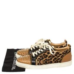 Pre Owned Christian Louboutin Brown Leather And Leopard Print Canvas Louis Junior Spikes Sneakers Size 45.5