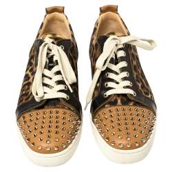 Pre Owned Christian Louboutin Brown Leather And Leopard Print Canvas Louis Junior Spikes Sneakers Size 45.5