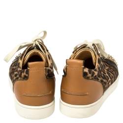 Pre Owned Christian Louboutin Brown Leather And Leopard Print Canvas Louis Junior Spikes Sneakers Size 45.5