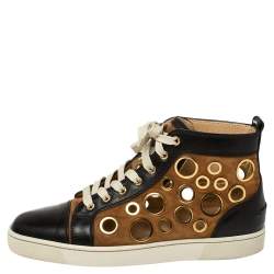 Pre Owned Christian Louboutin Black/Brown Suede And Leather Bubble High Top Sneakers Size 41.5