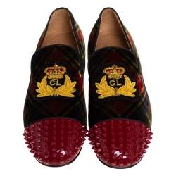 Christian Louboutin Multicolor Check Velvet And Patent Leather Harvanana Spike Smoking Slippers Size 44
