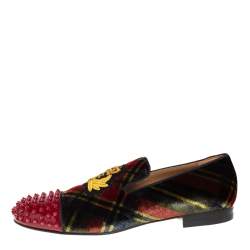 Christian Louboutin Multicolor Check Velvet And Patent Leather Harvanana Spike Smoking Slippers Size 44