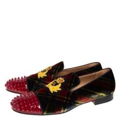 Christian Louboutin Multicolor Check Velvet And Patent Leather Harvanana Spike Smoking Slippers Size 44