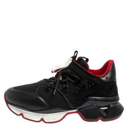 Pre Owned Christian Louboutin Black Leather And Neoprene Red Runner Low Top Sneakers Size 42.5