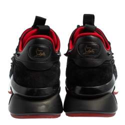 Pre Owned Christian Louboutin Black Leather And Neoprene Red Runner Low Top Sneakers Size 42.5