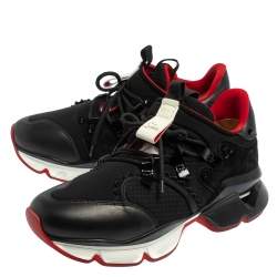 Pre Owned Christian Louboutin Black Leather And Neoprene Red Runner Low Top Sneakers Size 42.5