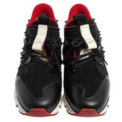 Pre Owned Christian Louboutin Black Leather And Neoprene Red Runner Low Top Sneakers Size 42.5