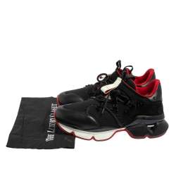 Pre Owned Christian Louboutin Black Leather And Neoprene Red Runner Low Top Sneakers Size 42.5