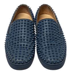 مملوكة مسبقًا حذاء رياضي كريستيان لوبوتان رولر بوات جلد أزرق مرصع سبايك سليب أون مقاس 43