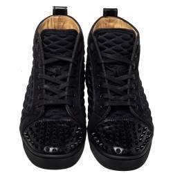Pre Owned  Christian Louboutin Black Suede And Fabric Spike Embellished High Top Sneakers Size 42.5
