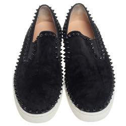 Pre Owned Christian Louboutin Black Suede Spike Pik Boat Slip On Sneakers Size 42
