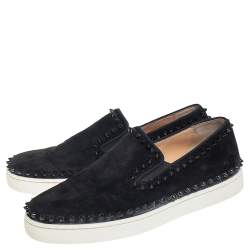 Pre Owned Christian Louboutin Black Suede Spike Pik Boat Slip On Sneakers Size 42