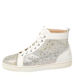 Pre Owned Christian Louboutin Silver/White Leather Rantus Crystal Embellished High Top Sneakers Size 41