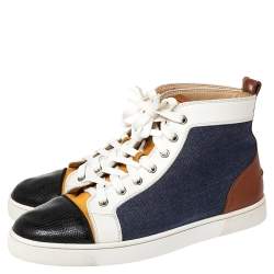 Pre Owned Christian Louboutin Multicolor Denim And Leather Louis Flat High Top Sneakers Size 41.5