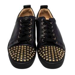 Pre Owned Christian Louboutin Black Leather Louis Junior Spike Low Top Sneakers Size 42