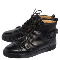 Pre Owned Christian Louboutin Black Leather Nono Strap High Top Sneakers Size 42.5
