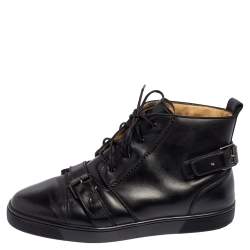 Pre Owned Christian Louboutin Black Leather Nono Strap High Top Sneakers Size 42.5