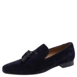 Pre Owned Christian Louboutin Navy Blue Corduroy Fabric Dandelion Spiked Tassel Detail Loafers Size 42.5