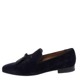 Pre Owned Christian Louboutin Navy Blue Corduroy Fabric Dandelion Spiked Tassel Detail Loafers Size 42.5