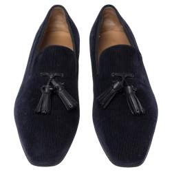 Pre Owned Christian Louboutin Navy Blue Corduroy Fabric Dandelion Spiked Tassel Detail Loafers Size 42.5