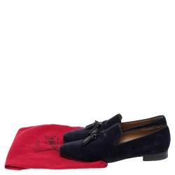 Pre Owned Christian Louboutin Navy Blue Corduroy Fabric Dandelion Spiked Tassel Detail Loafers Size 42.5