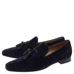 Pre Owned Christian Louboutin Navy Blue Corduroy Fabric Dandelion Spiked Tassel Detail Loafers Size 42.5