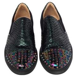 Christian Louboutin Multicolor Snake Print Leather And Holographic Leather Spike Toe Cap Sneakers Size 44
