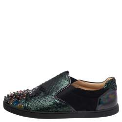 Christian Louboutin Multicolor Snake Print Leather And Holographic Leather Spike Toe Cap Sneakers Size 44