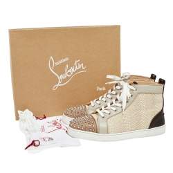 Pre Owned Christian Louboutin Multicolor Leather And Woven Raffia Lou Spikes High Top Sneakers Size 43.5