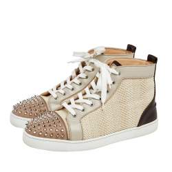 Pre Owned Christian Louboutin Multicolor Leather And Woven Raffia Lou Spikes High Top Sneakers Size 43.5