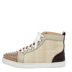 Pre Owned Christian Louboutin Multicolor Leather And Woven Raffia Lou Spikes High Top Sneakers Size 43.5