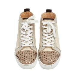 Pre Owned Christian Louboutin Multicolor Leather And Woven Raffia Lou Spikes High Top Sneakers Size 43.5