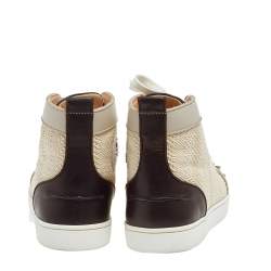 Pre Owned Christian Louboutin Multicolor Leather And Woven Raffia Lou Spikes High Top Sneakers Size 43.5