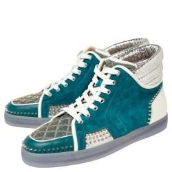 Christian Louboutin Blue/Silver Suede And Python Embossed Leather Louis Spike High Top Sneakers Size 44.5