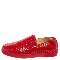 Christian Louboutin Red Python Roller Boat Spiked Slip On Sneakers Size 40