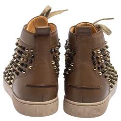Pre Owned Christian Louboutin Brown Leather Louis Spikes High Top Sneakers Size 44