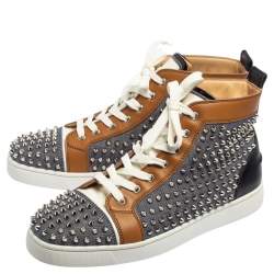 Pre Owned حذاء رياضي كريستيان لوبوتان لويز سبايكس دينم وجلد ثلاثي اللون  بعنق مرتفع مقاس 44