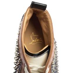 Pre Owned حذاء رياضي كريستيان لوبوتان لويز سبايكس دينم وجلد ثلاثي اللون  بعنق مرتفع مقاس 44