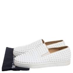 Pre Owned Christian Louboutin White Leather Roller Boat Spike Slip On Sneakers Size 45