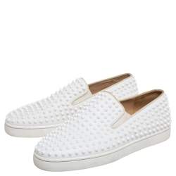 Pre Owned Christian Louboutin White Leather Roller Boat Spike Slip On Sneakers Size 45