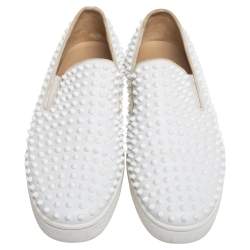 Pre Owned Christian Louboutin White Leather Roller Boat Spike Slip On Sneakers Size 45