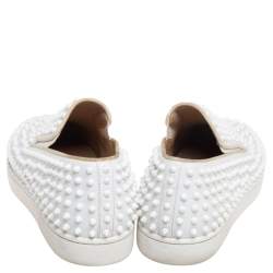 Pre Owned Christian Louboutin White Leather Roller Boat Spike Slip On Sneakers Size 45