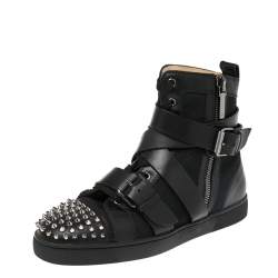 Pre Owned Christian Louboutin Black Canvas And Leather Snap Shoot Spikes Sneakers Size 41