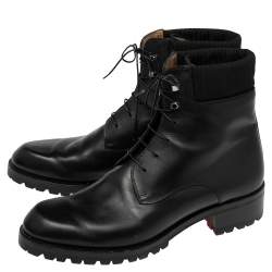 Pre Owned Christian Louboutin Black Leather And Stretch Knit Trapman Ankle Boots Size 45