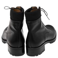 Pre Owned Christian Louboutin Black Leather And Stretch Knit Trapman Ankle Boots Size 45