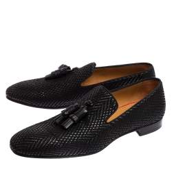 Christian Louboutin Black Woven Leather Dandelion Tassel Detail Loafers Size 46