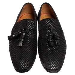 Christian Louboutin Black Woven Leather Dandelion Tassel Detail Loafers Size 46