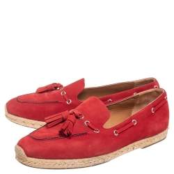 Pre Owned Christian Louboutin Red Nubuck Leather Tassel Embellished Espadrilles Loafers Size 44