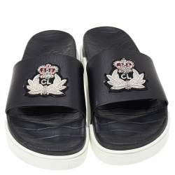 مملوكة مسبقًا Christian Louboutin Black Leather Crest Slide Sandals Size 46